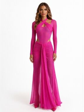 LaQuan Smith Crossover Halter Neck Mesh Bodysuit In Fuchsia Nwot Size S